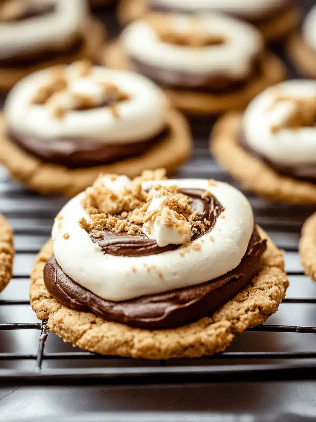 Soft and Chewy Graham Cracker Cookies with Fudge Frosting Delight 3 Soft and chewy graham cracker cookies topped with smooth chocolate fudge frosting and creamy marshmallow buttercream.