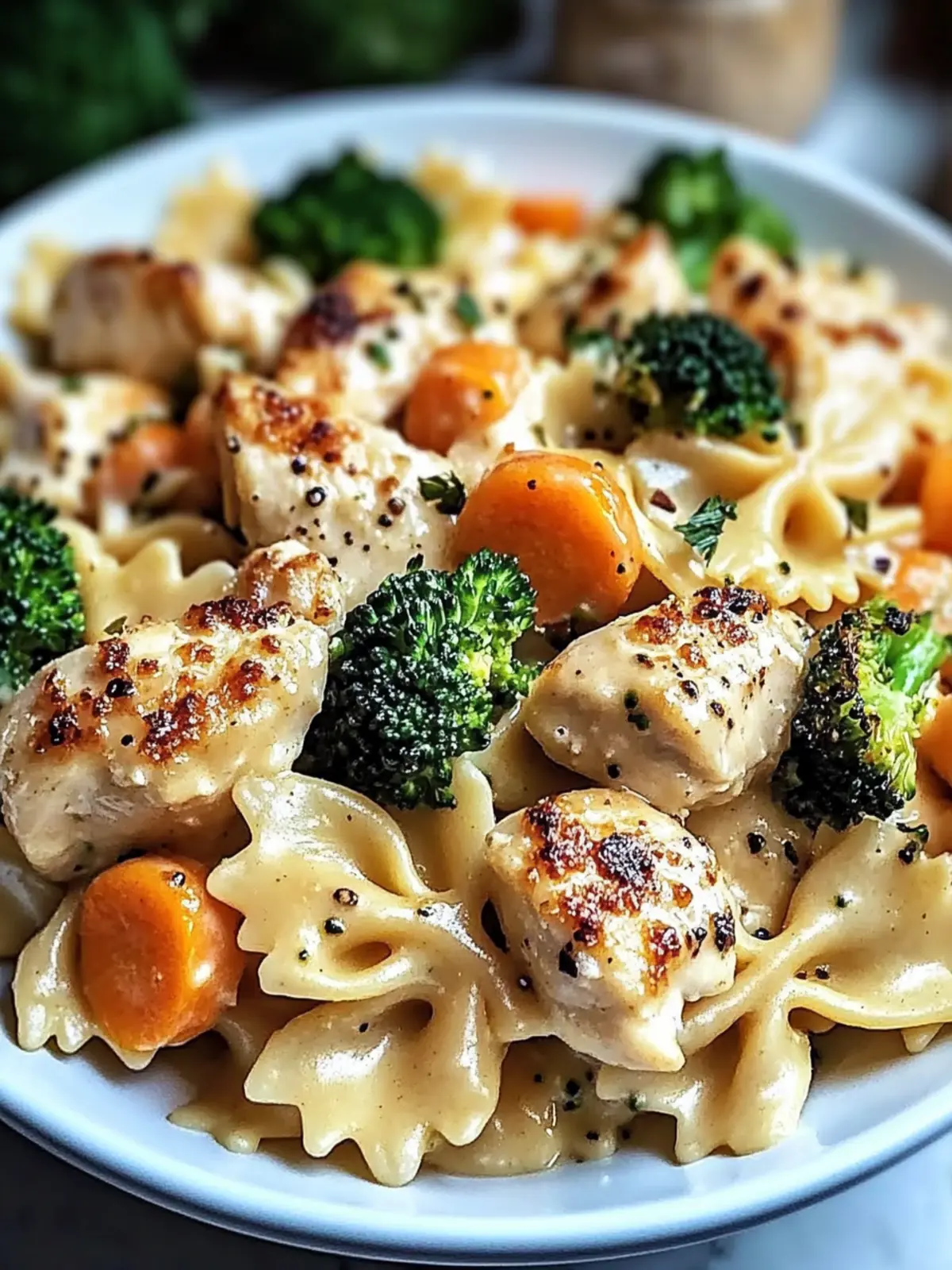 Cheddar & Havarti Chicken Bowtie Pasta with Roasted Veggies 3 Cheddar & Havarti Chicken Bowtie Pasta with Roasted Broccoli & Carrots