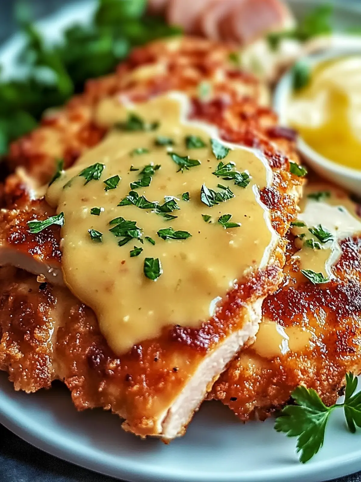 Savory Crispy Malibu Chicken with Ham, Swiss & Honey Mustard Delight 3 Crispy Malibu Chicken with Ham, Swiss & Honey Mustard