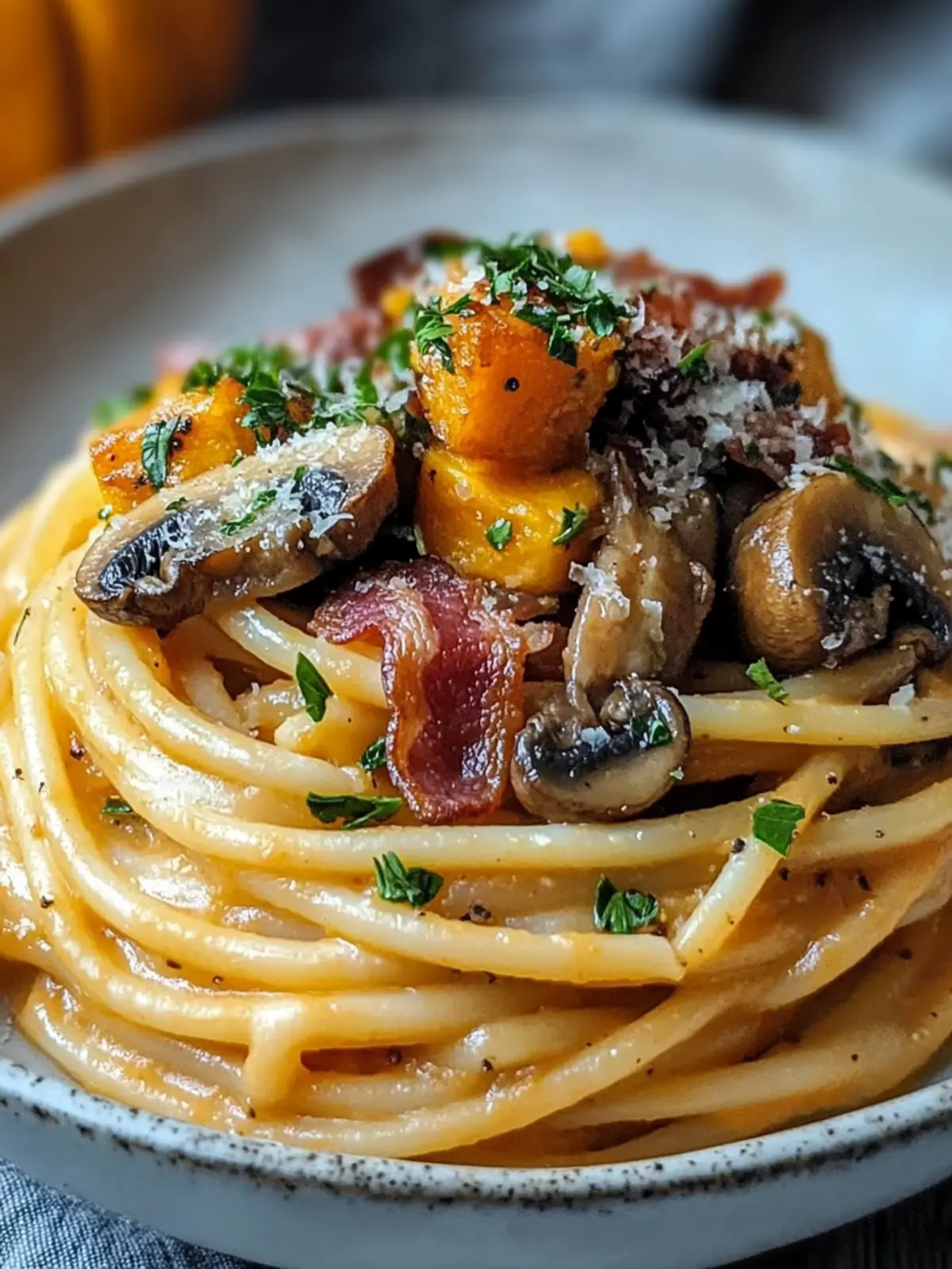 Pumpkin & Mushroom Spaghetti with Crispy Bacon Comfort Bowl 3 Pumpkin & Mushroom Spaghetti with Crispy Bacon