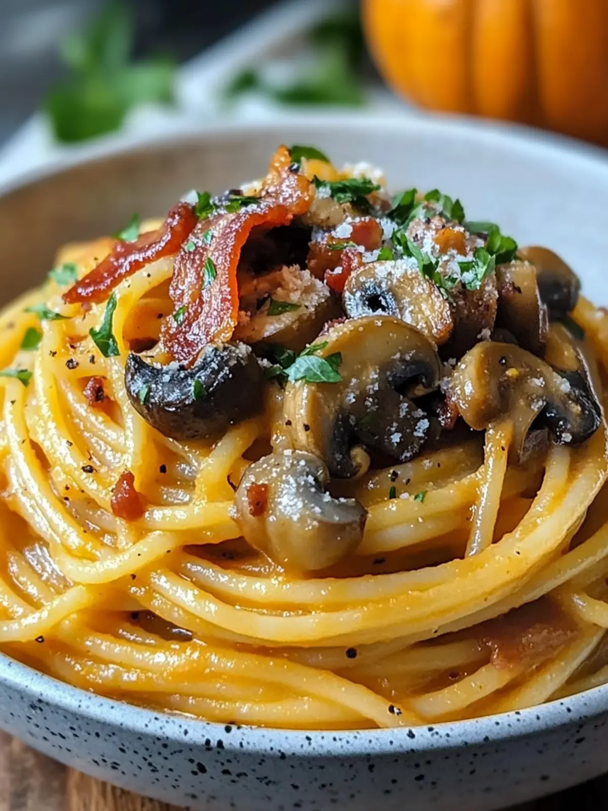 Pumpkin & Mushroom Spaghetti with Crispy Bacon Comfort Bowl 4 Pumpkin & Mushroom Spaghetti with Crispy Bacon
