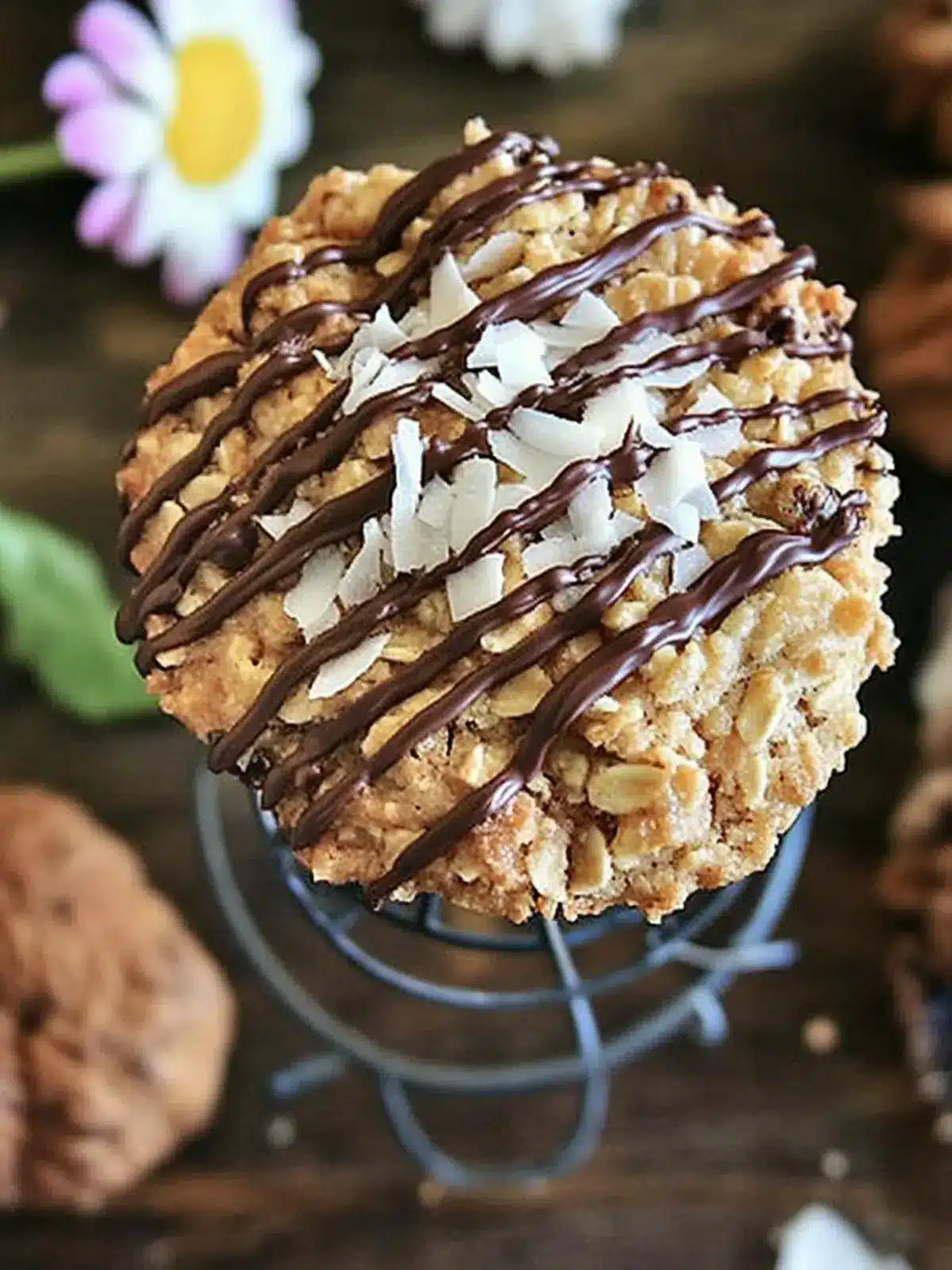 Crispy Oatmeal Cookies with Toasted Coconut and Chocolate Drizzle 4 Thin Crispy Oatmeal Cookies with Toasted Coconut and Chocolate Drizzle
