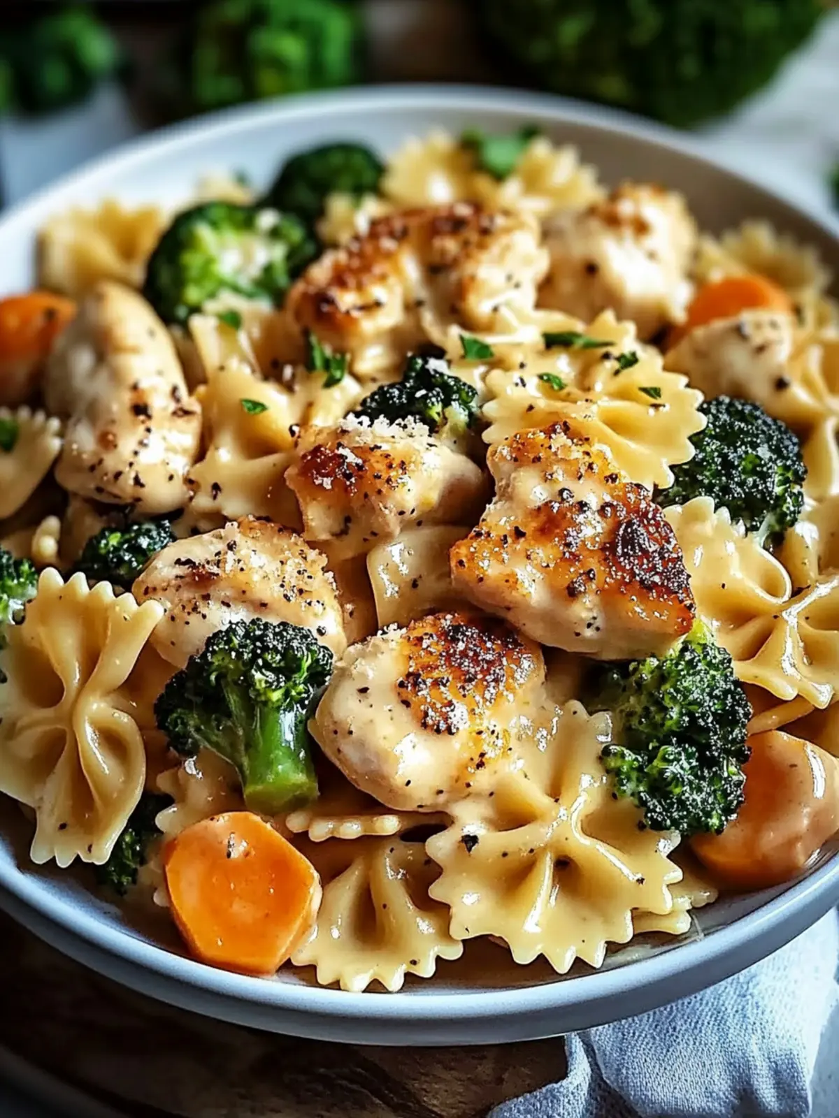Cheddar & Havarti Chicken Bowtie Pasta with Roasted Veggies 2 Cheddar & Havarti Chicken Bowtie Pasta with Roasted Broccoli & Carrots