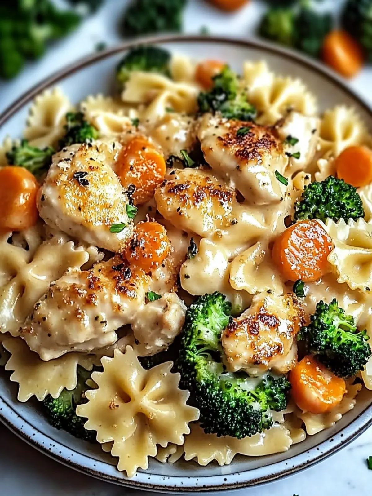 Cheddar & Havarti Chicken Bowtie Pasta with Roasted Veggies 4 Cheddar & Havarti Chicken Bowtie Pasta with Roasted Broccoli & Carrots