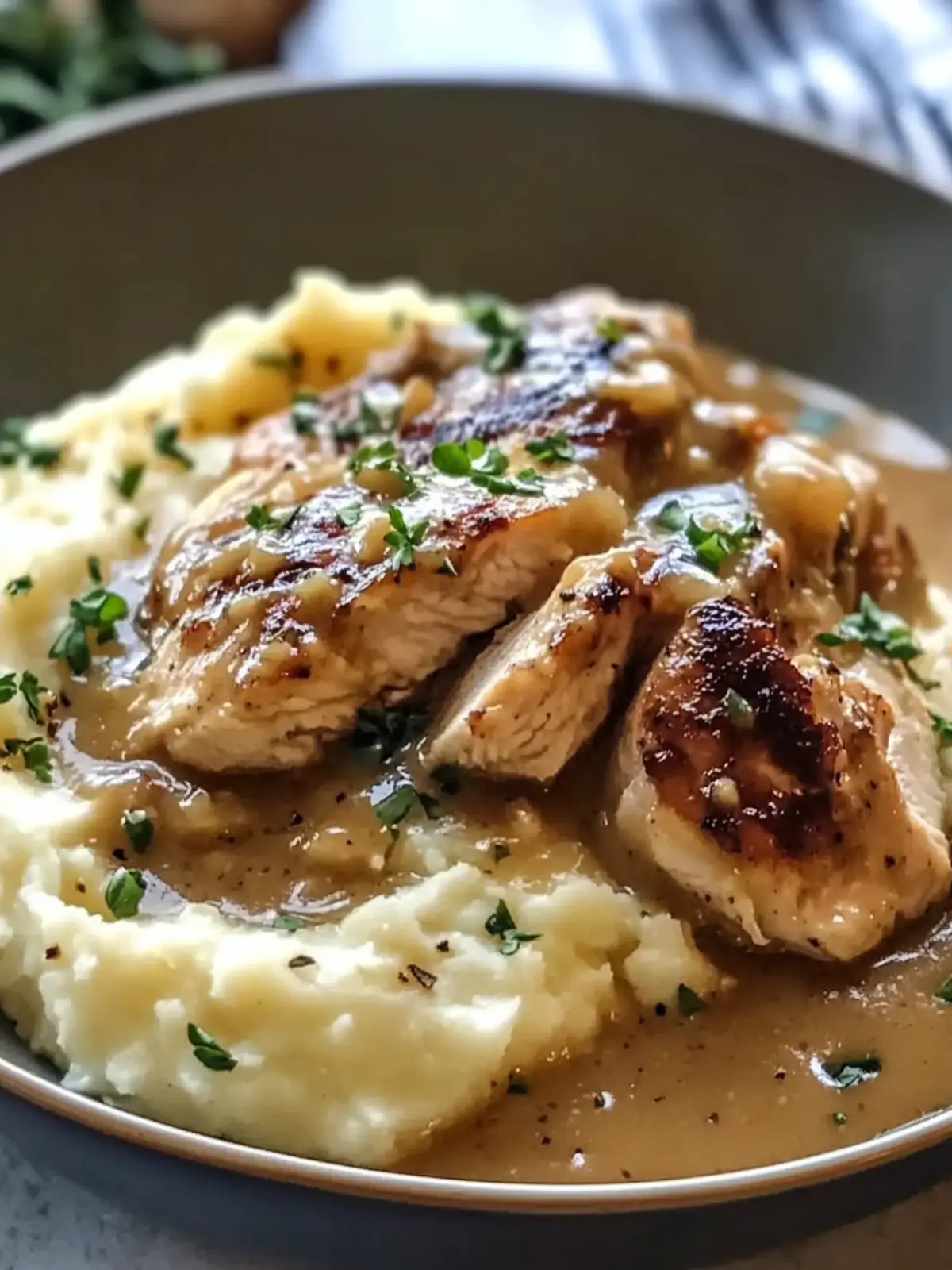 Savory Chicken and Garlic Gravy atop Cheesy Mashed Potatoes 4 Chicken and Garlic Gravy with Cheesy Mashed Potatoes