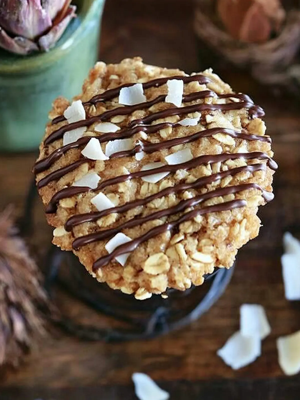 Crispy Oatmeal Cookies with Toasted Coconut and Chocolate Drizzle 3 Thin Crispy Oatmeal Cookies with Toasted Coconut and Chocolate Drizzle