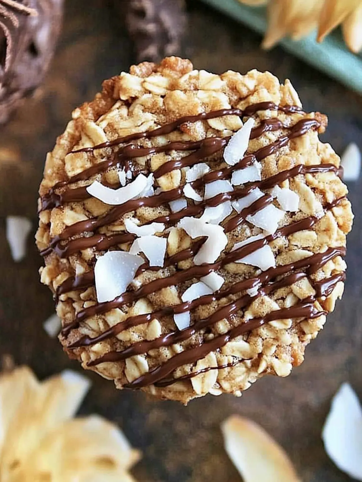 Crispy Oatmeal Cookies with Toasted Coconut and Chocolate Drizzle 2 Thin Crispy Oatmeal Cookies with Toasted Coconut and Chocolate Drizzle