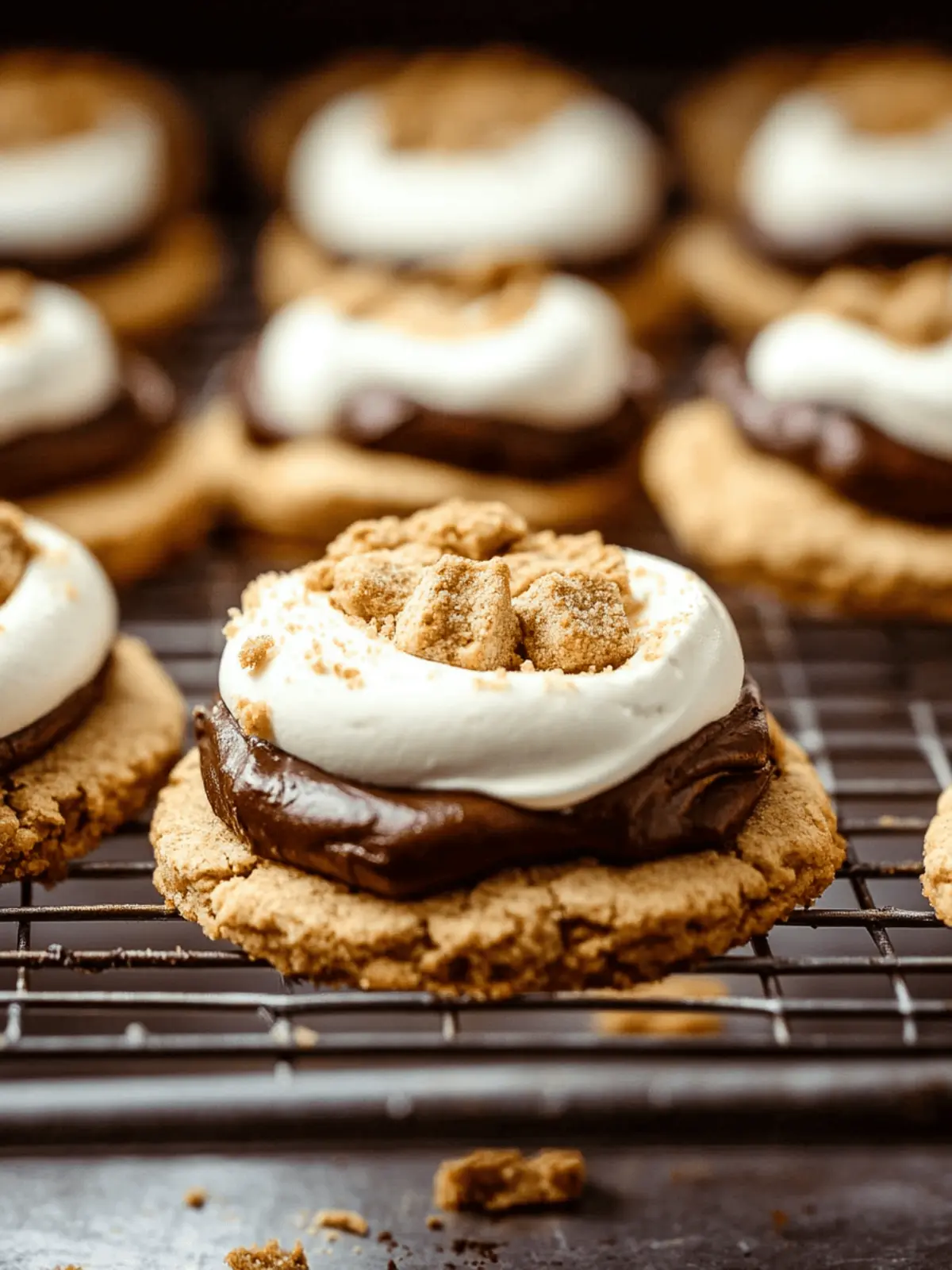Soft and Chewy Graham Cracker Cookies with Fudge Frosting Delight 4 Soft and chewy graham cracker cookies topped with smooth chocolate fudge frosting and creamy marshmallow buttercream.
